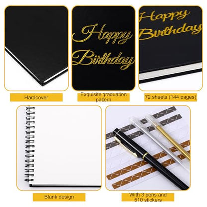 Mooliwe Birthday Guestbook with Pens Stickers Happy Birthday Signature Book 8.3 x 6.5 Inch Black Gold Birthday Guestbook for Birthday Photobooth Photo Strips Scrapbook Birthday Gift Party Supplies - color: Black
