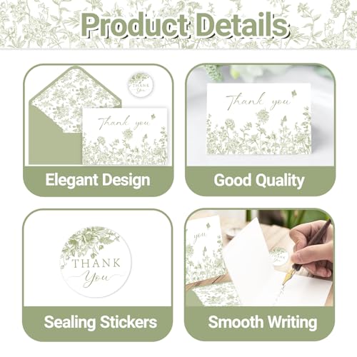 24 Pack Sage Green Floral Thank You Cards With Envelopes Stickers, Summer Wedding Floral Thank You Card Greenery Bridal Shower Birthday Supplies - style: 24 pcs - Green Flowers