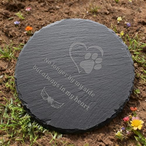 Dog Cat Memorial Stone Round 4” with Paw Print, “No Longer By My Side But Always in My Heart” Engraved Pet Grave Marker, Outdoor Garden Memorial Rock, Pet Loss Sympathy Gift - size: Small-4 inch