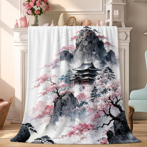 Japanese Ink Painting Throw Blanket, Flannel Blankets for Couch 50"×60" - color: Japanese Ink Painting
