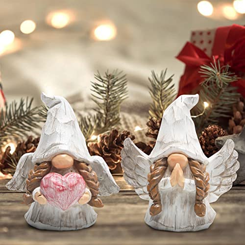 Hodao Angel Gnomes Figurines Set of 2, Handcrafted Wood-Like Resin Guardian Angel Statues with Heart & Prayer, Lucky Home Decor for Shelf, Tiered Tray, Christmas for Mom Grandma Friends