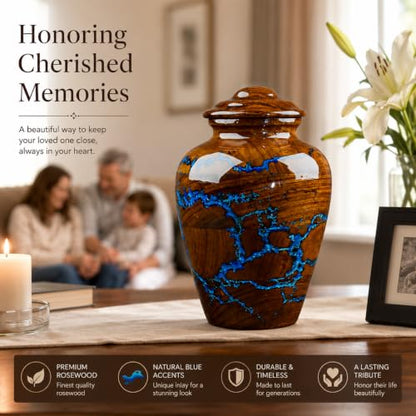 Handcrafted Rosewood Cremation Urn for Human Ashes – 50 Cubic Inches Funeral Memorial Urn for Adult Women & Men, Elegant Wooden Memorial Ashes Urn with Blue Resin Inlay, Funeral Urn for Loved Ones - size: STANDARD 50 Cu inch