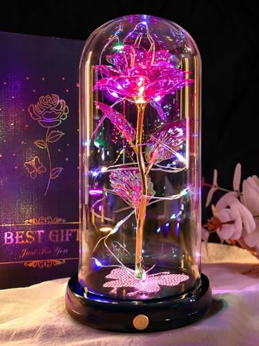 Birthday Gifts for Women Mom USB Galaxy Flower Pink Rose in Glass Dome - color: Usb-pink