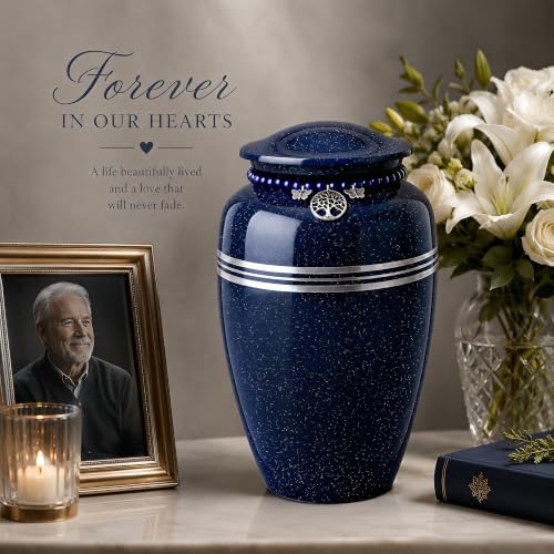 Blue Urn for Human Ashes Adult 220 lbs Metal Cremation Urns Men & Women | Tree of Life & Butterfly Charm, Speckled Navy Blue Color, Solid Metal Build, Threaded Lid, Velvet Bag, For Male & Female - color: Blue