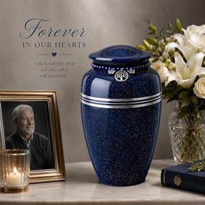 Blue Urn for Human Ashes Adult 220 lbs Metal Cremation Urns Men & Women | Tree of Life & Butterfly Charm, Speckled Navy Blue Color, Solid Metal Build, Threaded Lid, Velvet Bag, For Male & Female - color: Blue