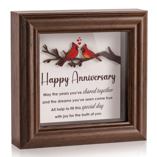 LukieJac Anniversary Cardinal Gifts for Couple - Romantic Anniversario Gift Ideas Wooden Shadow Box Frame for Friends, Sister, Parents, Couples, Grandparents Anniversary Keepsake - color: Cardinal - Happy Anniversary