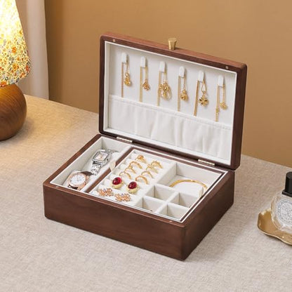 Black Walnut Wooden Jewelry Box, 2 Layer Necklace Organizer Case for Women - color: 2 Layer