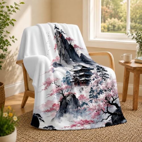 Japanese Ink Painting Throw Blanket, Flannel Blankets for Couch 50"×60" - color: Japanese Ink Painting