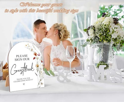 Wildflower Please Sign Our Guestbook Sign, Wedding Ceremony Signs, 6 x 8 Inch Arch Wooden Tabletop Sign with Stand, Wedding Reception Decoration Supplies (AG02) - color: Please Sign Our Guestbook