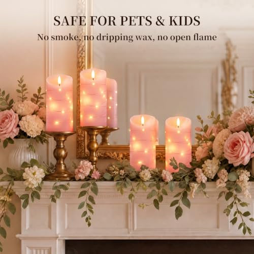 Homemory Flameless Candles with String Lights, 2 Pack Embedded Fairy String Lights LED Candles, Electric Flickering Candles with Remote Control and Timer, Real Wax, Pink - color: Pink, 2Pack