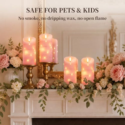 Homemory Flameless Candles with String Lights, 2 Pack Embedded Fairy String Lights LED Candles, Electric Flickering Candles with Remote Control and Timer, Real Wax, Pink - color: Pink, 2Pack