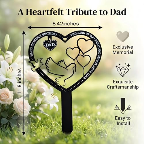Happy Heavenly Birthday Dad Memorial Stake Waterproof Metal Heart Cemetery Decorations for Grave - style: Dad Heavenly Birthday