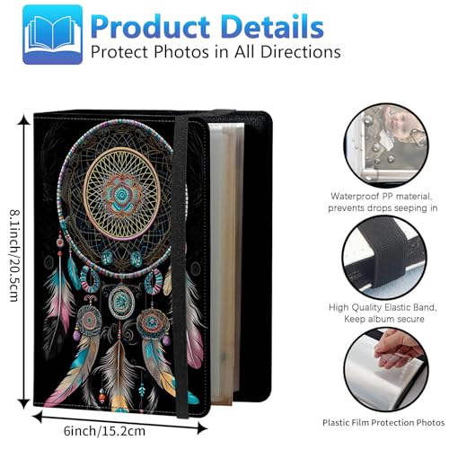 Photo Album 3.5x5 80 Photos Small Capacity PU Leather Cover, Feathers Dreamcatcher Mini Photo Album 3.5x5 with Elastic band, Birthday Christmas Photo Albums Wedding Anniversary - color: Feathers Dreamcatcher, size: 3.5*5 Holds 80 Photos