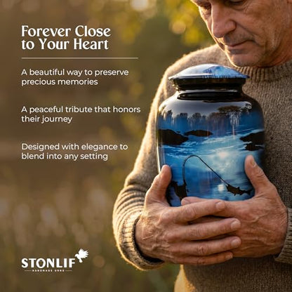 Large Gone Fishing Urn for Human Ashes Adult Male Female - 200 Cubic Inches Decorative Cremation Urn for Dad, Men - Full Size Blue Burial Urn with Velvet Bag and Easy-Fill Funnel - size: Large