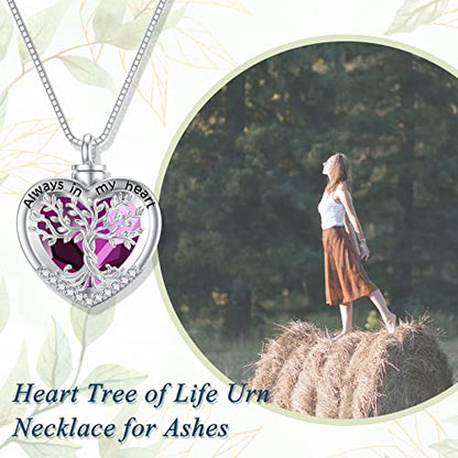 TOUPOP Tree of Life Urn Necklaces for Ashes 925 Sterling Silver Heart Cremation Jewelry Memorial Keepsake Jewelry with Funnel Filler for Women Men - color: B-Heart Tree of Life-Purple Crystal