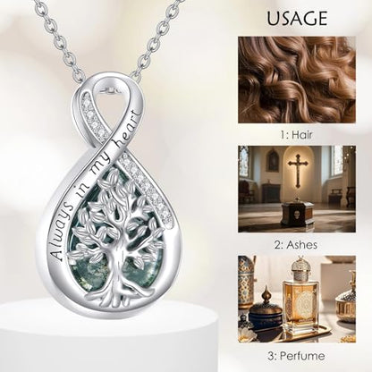 Diamond Tree of Life Urn Necklace for Ashes 925 Sterling Silver Family Tree of Life Cremation with Funnel Filler Ash Holder Keepsake Memorial Jewelry Gifts for Women,18+2 inch - style: Style 2-Moss Agate