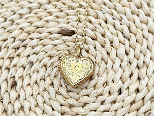 GOKING Love Heart Memory Locket Necklace Holds Pictures for Women - color: Letter C