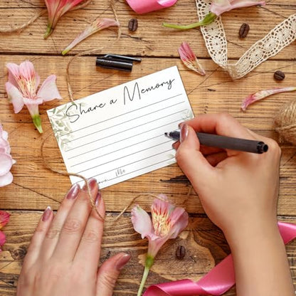 25PCS Share a Memory Cards, Memorial Cards Celebration of Life Decorations for Anniversary Memorial Funeral Graduation Bridal Shower Game (Green Leaf)-04
