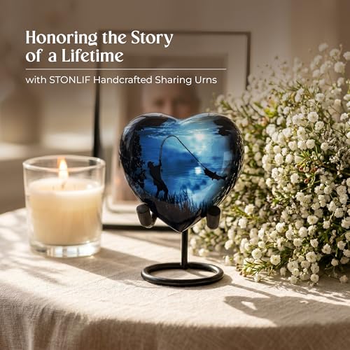 Gone Fishing Heart Urn for Human Ashes Adult Male Female - Small Keepsake Heart Shaped Cremation Urn for Dad, Men - Blue Decorative Memorial Urn with Stand, Velvet Bag and Funnel - size: Small Heart