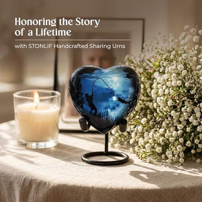 Gone Fishing Heart Urn for Human Ashes Adult Male Female - Small Keepsake Heart Shaped Cremation Urn for Dad, Men - Blue Decorative Memorial Urn with Stand, Velvet Bag and Funnel - size: Small Heart