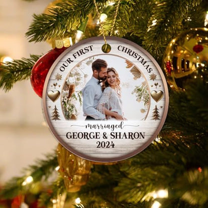 Personalized Our First Christmas Married Keepsake - Custom Photo Ornament for Engaged Couples - Customized Name and Text Engagement Keepsake - color: Our First Christmas Married