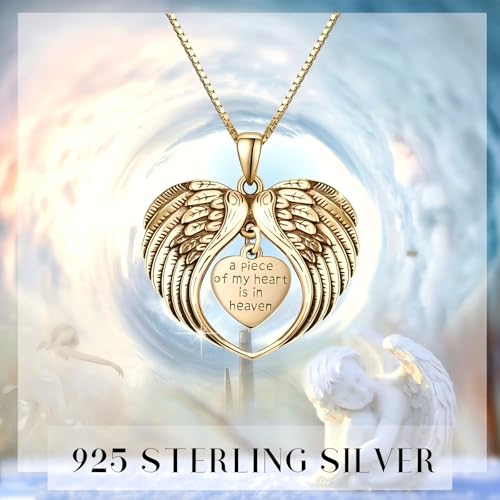 TUGHRA Memorial Necklace for Women Men, Angel Wings Heart Pendant 925 Sterling Silver A Piece of My Heart Is In Heaven Charm Necklace Sympathy Gift - style: 01-Angel Gold