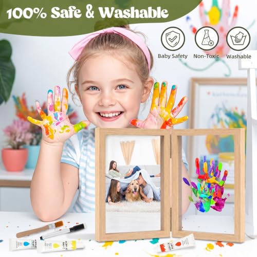 Family Handprint Kit, DIY Baby Hand and Footprint Handmade Keepsake Wooden Frame, Family Gifts with 5 Non-Toxic, Baby-Safe Paints, Gift Ideas for New Parents, Grandparents, Father's Day, Mother's Day - color: Natural Wood, size: 4 Pages Acrylic Boards