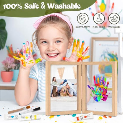 Family Handprint Kit, DIY Baby Hand and Footprint Handmade Keepsake Wooden Frame, Family Gifts with 5 Non-Toxic, Baby-Safe Paints, Gift Ideas for New Parents, Grandparents, Father's Day, Mother's Day - color: Natural Wood, size: 4 Pages Acrylic Boards