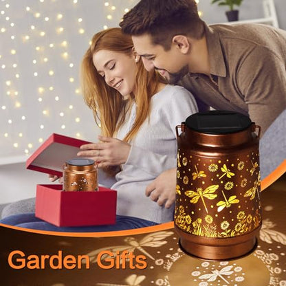 2 Pack Dragonfly Solar Lanterns Outdoor Waterproof Rose Garden Decor Gifts for Women Mom Grandma Hanging Solar Lights Metal Lantern Decoration Outside for Yard,Patio,Backyard,Porch - style: F. 2 Pack Dragonfly Lantern