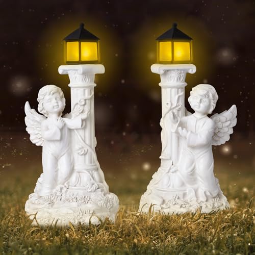 Angel Statues with Solar Lights, Outdoor Solar Angel Garden Statue with Roma Pillar, Resin Angel Ornament for Garden Decor Yard Wedding Home Decor Christian Religious Gift