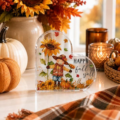 Smile Fall Thanksgiving Acrylic Tabletop Plaque, Happy Fall Y'all Scarecrow Sunflower Pumpkin Maple Leaf Themed Rustic Farmhouse Tiered Tray Sign for Home Kitchen Decor - style: Fall