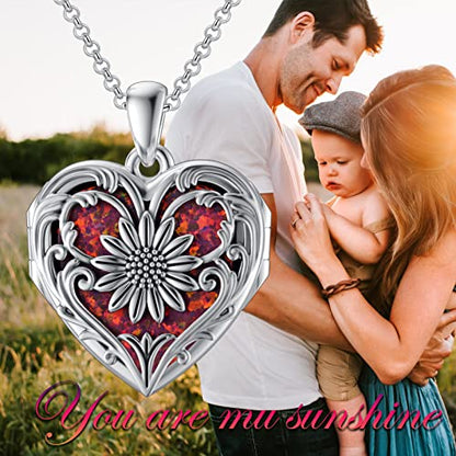 SOULMEET Personalized Silver Locket Necklace That Holds Pictures Photo Keep Someone Near to You, Memorial Custom Lockets Necklaces Letters Engraving for His Her - color: A7-Red opal sunflower-Black, style: Locket Necklace Only