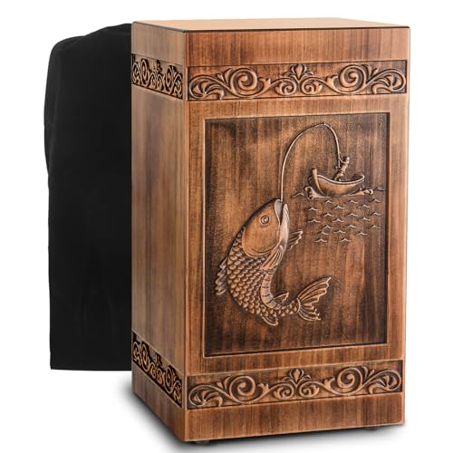 Wooden Urn for Ashes Adult Male Female, Cremation Urns for Human Ashes Adult Men Women, Decorative Burial Funeral Memorial Fishing Urns for Ashes, Urn Box Holds 250 Cubic Inches (Fishing)