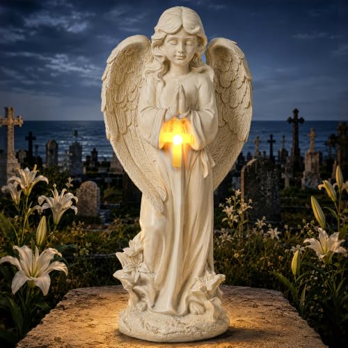 Solar Angel Statue Glowing Cross Outdoor Garden Memorial Decor | Solar warm LED, weather-resistant resin, praying cross light for grave, cemetery, garden sanctuary & sympathy gift.