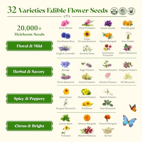 Lush&Dew Edible Flower Seed Bank with Almanac, Gardening Gifts for Women | 32 Types 30,000+ Non-GMO Heirloom Seeds for Planting Culinary Flowers, Survival Seed Kit, Gardener Gifts, Annuals Perennials - style: Edible Flowers