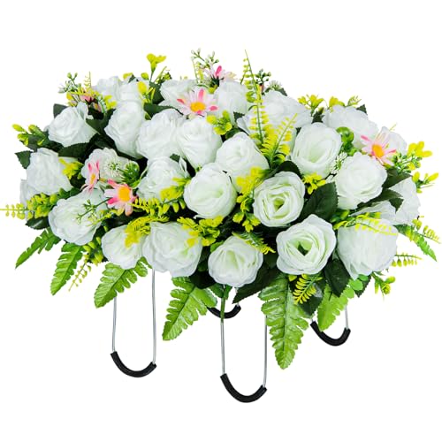 Artificial Headstone Flower Saddle, Cemetery Flowers for Grave, Cemetery Saddles for Headstones, Memorial Grave Flowers for Cemetery Tombstone Headstone Decoration(White) - color: White