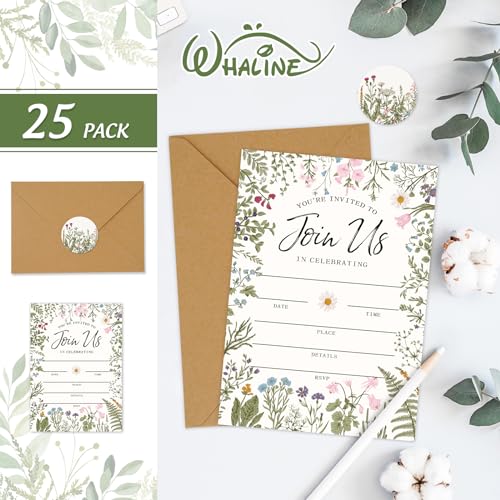 Whaline 25 Packs Vintage Floral Invitations with Envelopes and Stickers Retro Wildflower Invitation Cards Spring Fill in Blank Invites for Wedding Birthday Bridal Baby Shower Party, 5 x 7 Inch