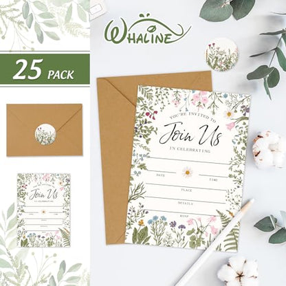 Whaline 25 Packs Vintage Floral Invitations with Envelopes and Stickers Retro Wildflower Invitation Cards Spring Fill in Blank Invites for Wedding Birthday Bridal Baby Shower Party, 5 x 7 Inch