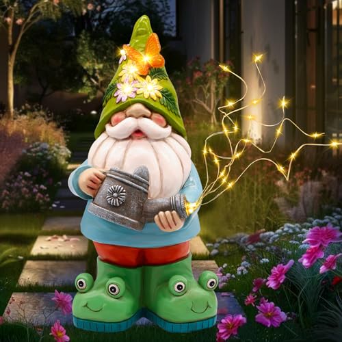 Solar Watering Can Gnome Resin LED Garden Statue | LED Lights ResinStatues Outdoor Decor for Courtyard, Lawn, Porch, and Patio Christmas, Birthday Gift for Mom, Grandma, Women - color: Watering Can Gnome