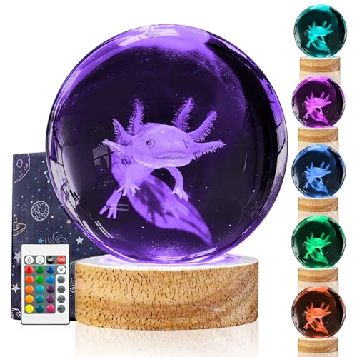 3D Axolotl Crystal Ball Night Light with LED Wooden Base Upgraded 3.15 Inch Glass Ball Lamps with 16 Color and Remote for Birthday Christmas, Cool Axolotl Toy Decor Gifts for Boys Girls Kids - color: Axolotl