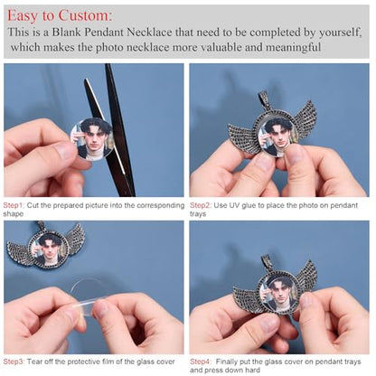 YIMERAIRE Customized Picture Necklace Personalized Circle Chain - color: 02 Black Angel Wing Blank Pendant