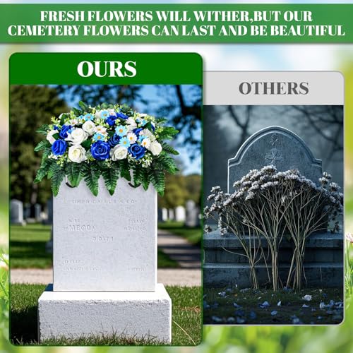 Artificial Cemetery Flowers, Saddle Headstones Decoration, Artificial Rose Daisy Bouquet Graveyard Memorial Flowers (Blue and White)
