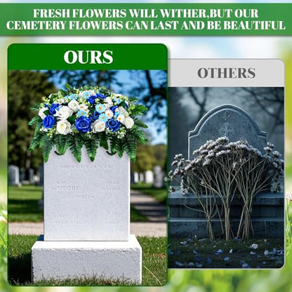 Artificial Cemetery Flowers, Saddle Headstones Decoration, Artificial Rose Daisy Bouquet Graveyard Memorial Flowers (Blue and White)