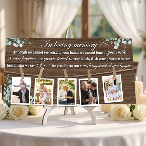 Rustic Wood Memory Table Sign 16 x 8 Inch, In Loving Memory Wedding Sign with Clips, Rustic Wedding Decor for Ceremony and Reception Wooden Memorial Picture Board to Honor Souls-A12 - color: brown-Eucalyptus-3