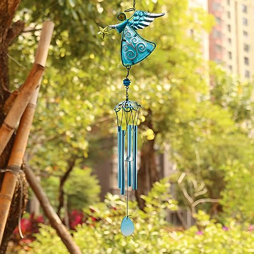 Angel Wind Chimes, 31.5” Angel Metal Wind Chimes for Outside with Metal Tubes & S Hook for Home Garden Decoration Christmas Decoration Hanging Ornament Wind Bell Gifts for Mom (Blue)