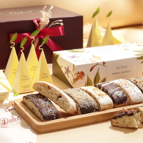 Dulcet Gift Baskets Gourmet Biscotti & Tea Gift Basket – Tea Forte Herbal Retreat Assortment with Assorted Chocolate Covered Italian Biscotti Cookies in Elegant Gift Box for Birthday, Sympathy, Thank You & Corporate Gifting - color: Congratulations