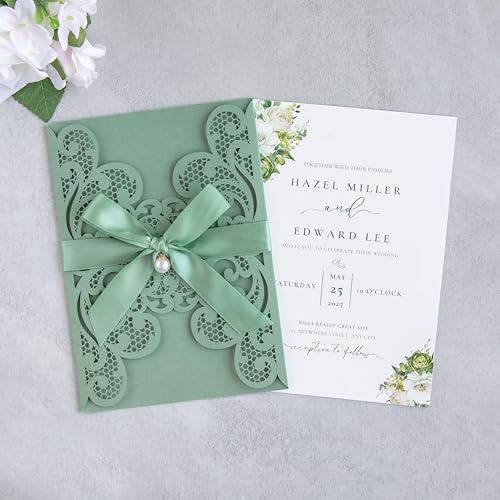 20Pcs Sage Green Laser Cut Wedding Invitation Cards With Envelopes - color: Sage Green