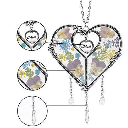 LARAINE Heart Suncatcher with Pressed Flower Wings Mom's Day Love Glass Wind Chime Ornament Charm with Metal Heart Gifts for Mom, Grandma, Aunt, Birthday (Blue) - size: Mom