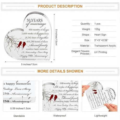 Qunclay 50th Years of Marriage Gift Wedding Anniversary Souvenir | Heart Marriage Keepsake Decoration, 50th Present for Couple Parent Women Mom Husband Wife He She Friend Grandparents - style: 50th