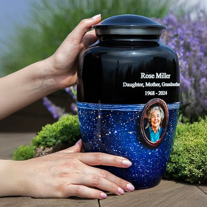 Blue Galaxy Photo Urn for Human Ashes – Personalized Cremation Tribute with Portrait, Name & Dates, Starry Sky Memorial Keepsake, Made in USA (Large) - size: Large